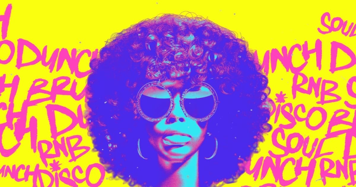 Colorful and vibrant graphic of a woman with an afro and sunglasses, representing the lively atmosphere of Alkebulan Food Hall, Expo City Dubai.