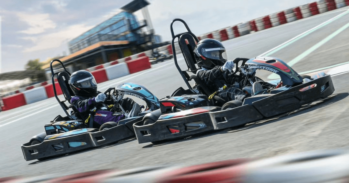 Two drivers racing their go-karts at Karting Town's circuit in Sharjah, UAE