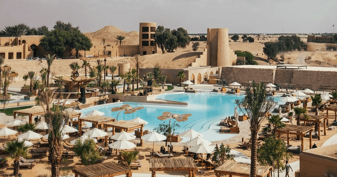 Birds eye view image of Terra Solis' pool and resort