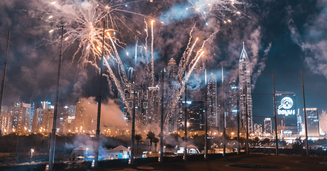 Fireworks going off during NYE at Topgolf Dubai