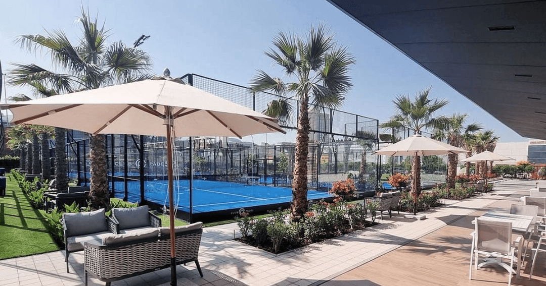 View of the courts from Club Padel's outside seating area