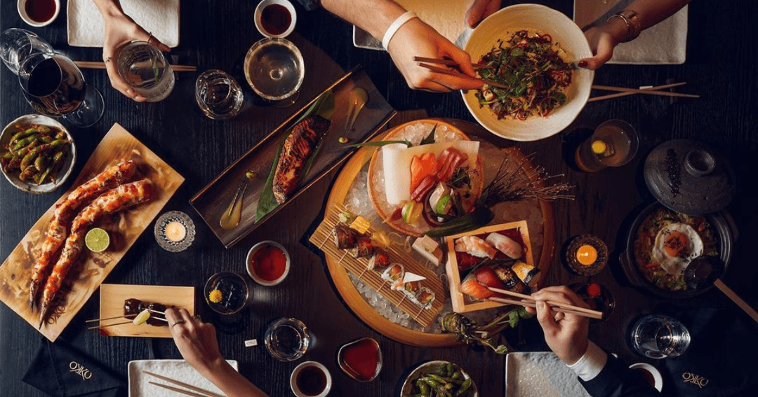 colorful japanese food with beverages