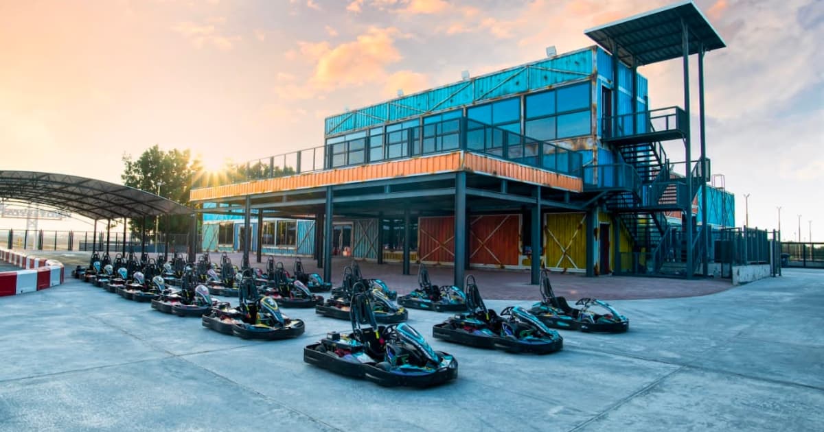 Go karts lined up in three rows