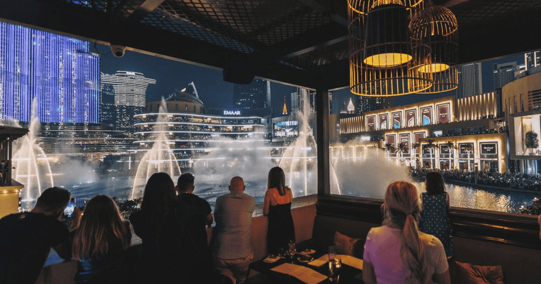 Dubai fountain and Burj Khalifa views from Karma Kafe