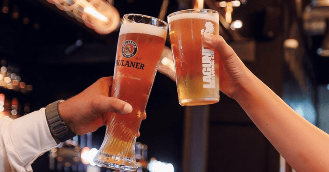 Two people toasting their beers