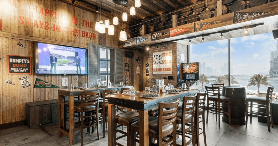 Inside dining area with a view of the Palm