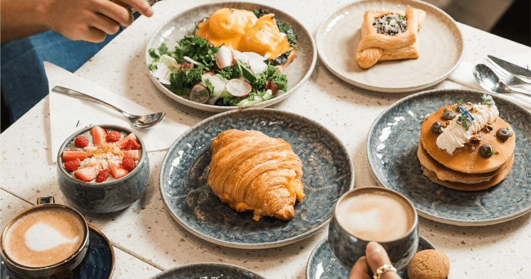 Breakfast dishes served on the table