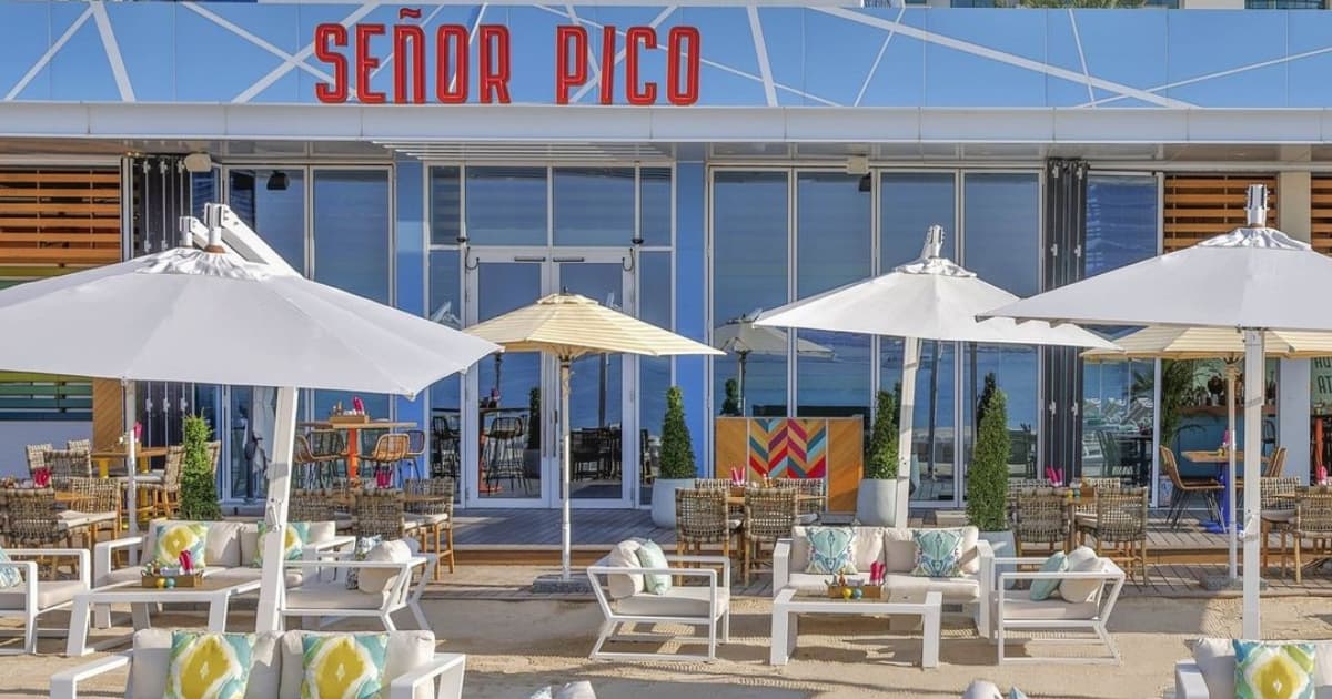 Outdoor terrace at a beachside restaurant 