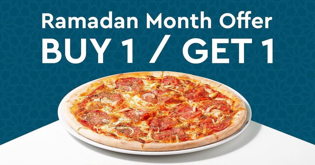 Promotional graphic for buy one get one free pizza