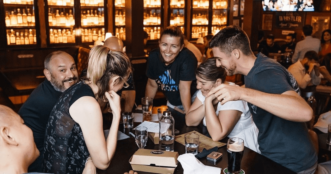 Guests laughing while playing quiz